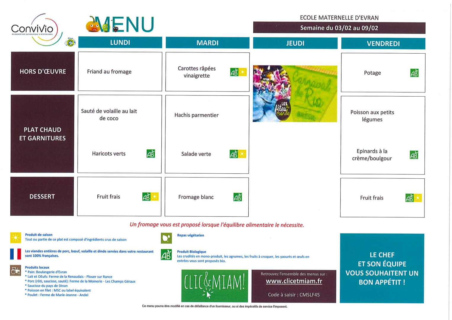 Menus de la cantine École SainteAnne